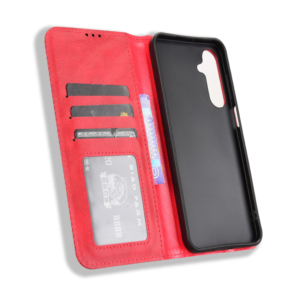 For Samsung Galaxy M16 5G / Galaxy F16 5G Retro PU Leather Case Phone Wallet Stand Cover - Red