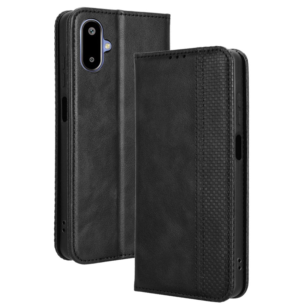 For Samsung Galaxy M06 5G / Galaxy F06 5G Retro PU Leather Case Phone Wallet Stand Cover - Black