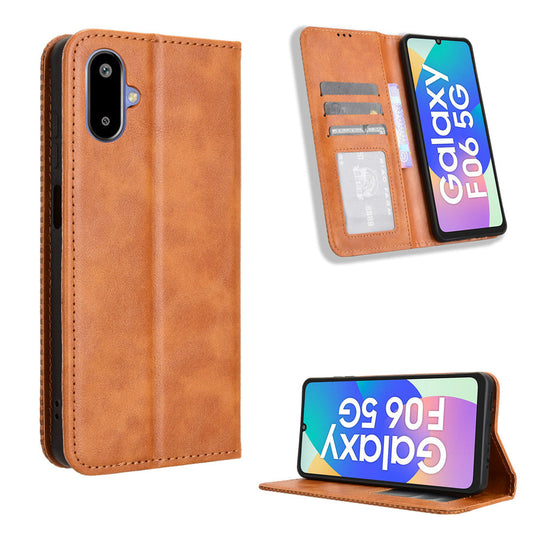 For Samsung Galaxy M06 5G / Galaxy F06 5G Retro PU Leather Case Phone Wallet Stand Cover - Brown