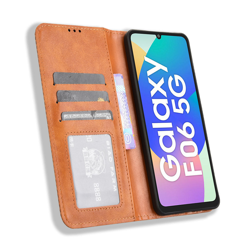 For Samsung Galaxy M06 5G / Galaxy F06 5G Retro PU Leather Case Phone Wallet Stand Cover - Brown