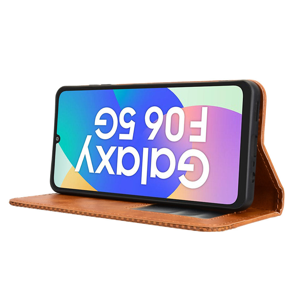 For Samsung Galaxy M06 5G / Galaxy F06 5G Retro PU Leather Case Phone Wallet Stand Cover - Brown