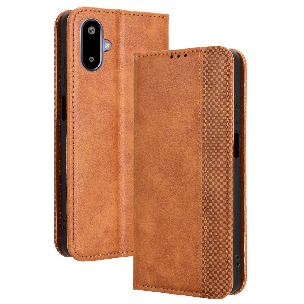 For Samsung Galaxy M06 5G / Galaxy F06 5G Retro PU Leather Case Phone Wallet Stand Cover - Brown