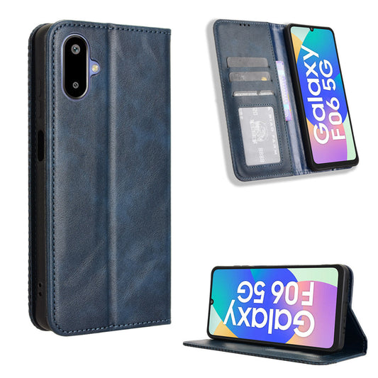 For Samsung Galaxy M06 5G / Galaxy F06 5G Retro PU Leather Case Phone Wallet Stand Cover - Blue
