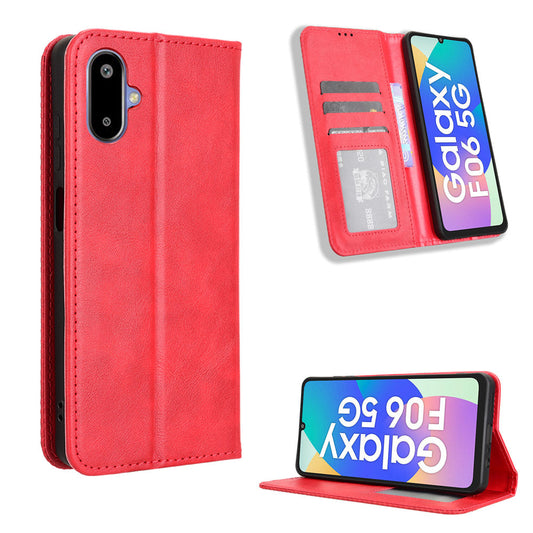 For Samsung Galaxy M06 5G / Galaxy F06 5G Retro PU Leather Case Phone Wallet Stand Cover - Red