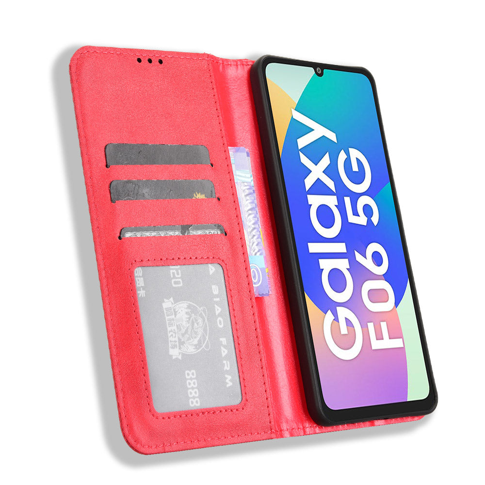 For Samsung Galaxy M06 5G / Galaxy F06 5G Retro PU Leather Case Phone Wallet Stand Cover - Red