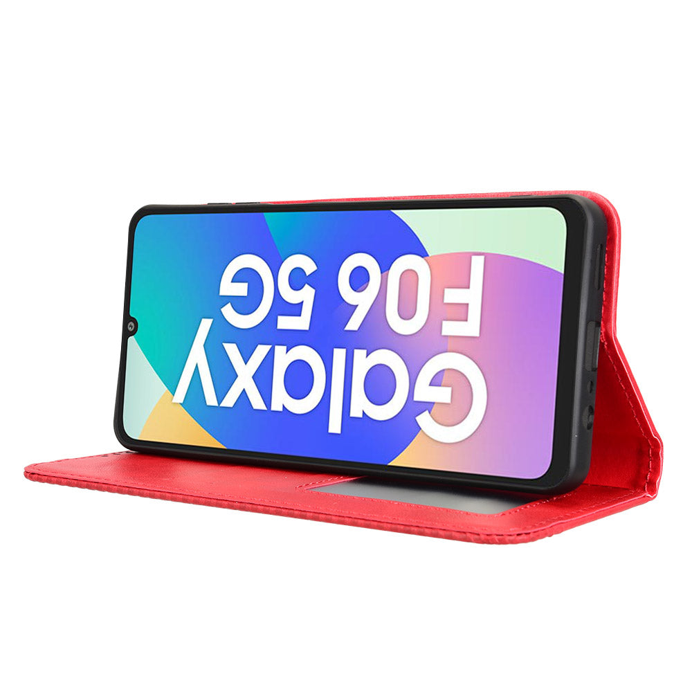 For Samsung Galaxy M06 5G / Galaxy F06 5G Retro PU Leather Case Phone Wallet Stand Cover - Red