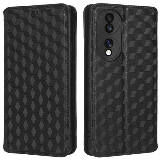 For Honor 70 5G Magnetic Auto-absorbed PU Leather Case Rhombus Pattern Imprinted Phone Cover with Wallet Stand - Black