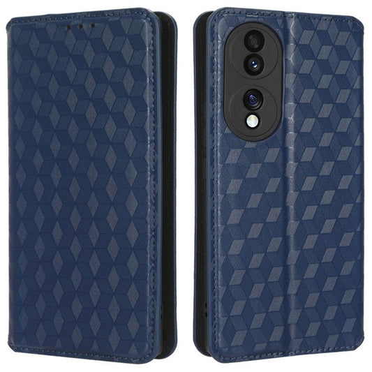 For Honor 70 5G Magnetic Auto-absorbed PU Leather Case Rhombus Pattern Imprinted Phone Cover with Wallet Stand - Blue