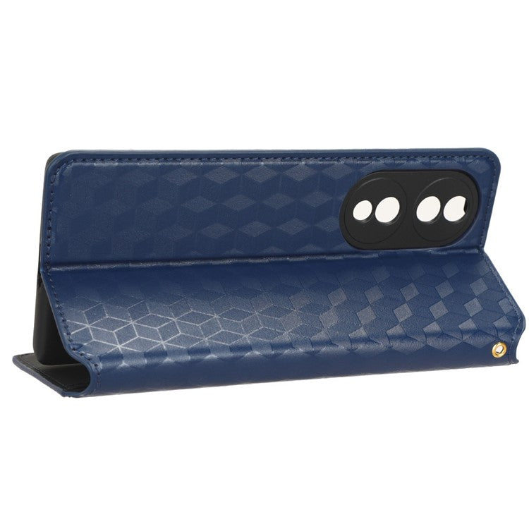 For Honor 70 5G Magnetic Auto-absorbed PU Leather Case Rhombus Pattern Imprinted Phone Cover with Wallet Stand - Blue