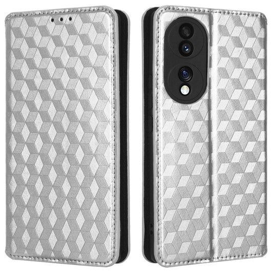 For Honor 70 5G Magnetic Auto-absorbed PU Leather Case Rhombus Pattern Imprinted Phone Cover with Wallet Stand - Silver