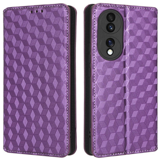 For Honor 70 5G Magnetic Auto-absorbed PU Leather Case Rhombus Pattern Imprinted Phone Cover with Wallet Stand - Purple