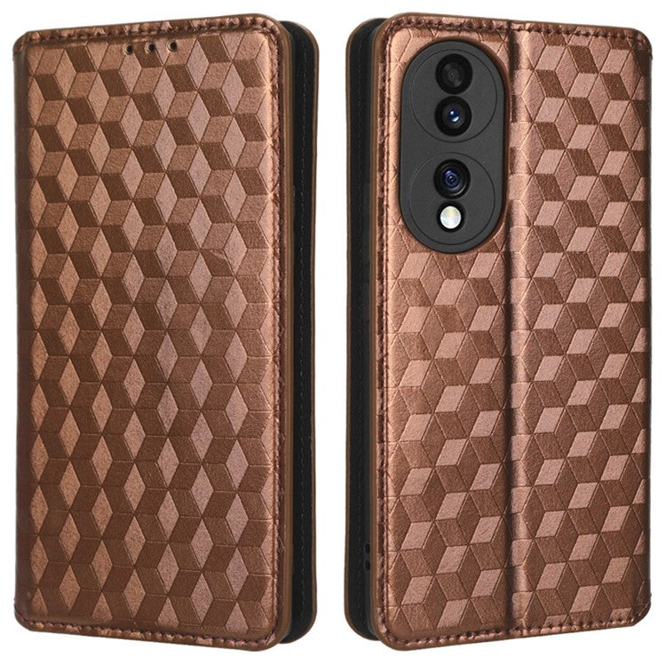 For Honor 70 5G Magnetic Auto-absorbed PU Leather Case Rhombus Pattern Imprinted Phone Cover with Wallet Stand - Brown