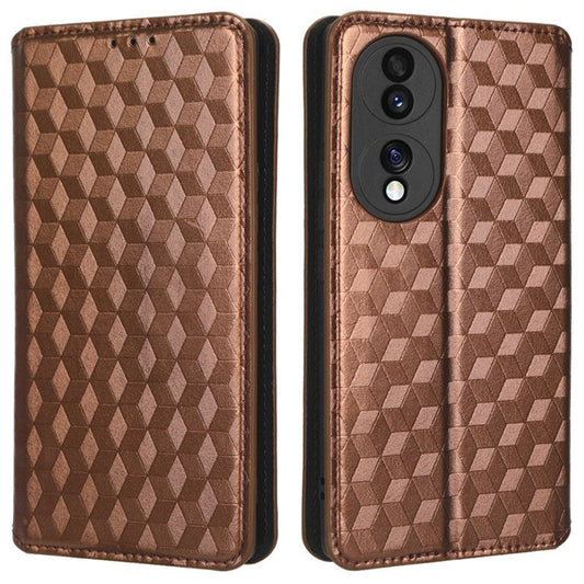 For Honor 70 5G Magnetic Auto-absorbed PU Leather Case Rhombus Pattern Imprinted Phone Cover with Wallet Stand - Brown