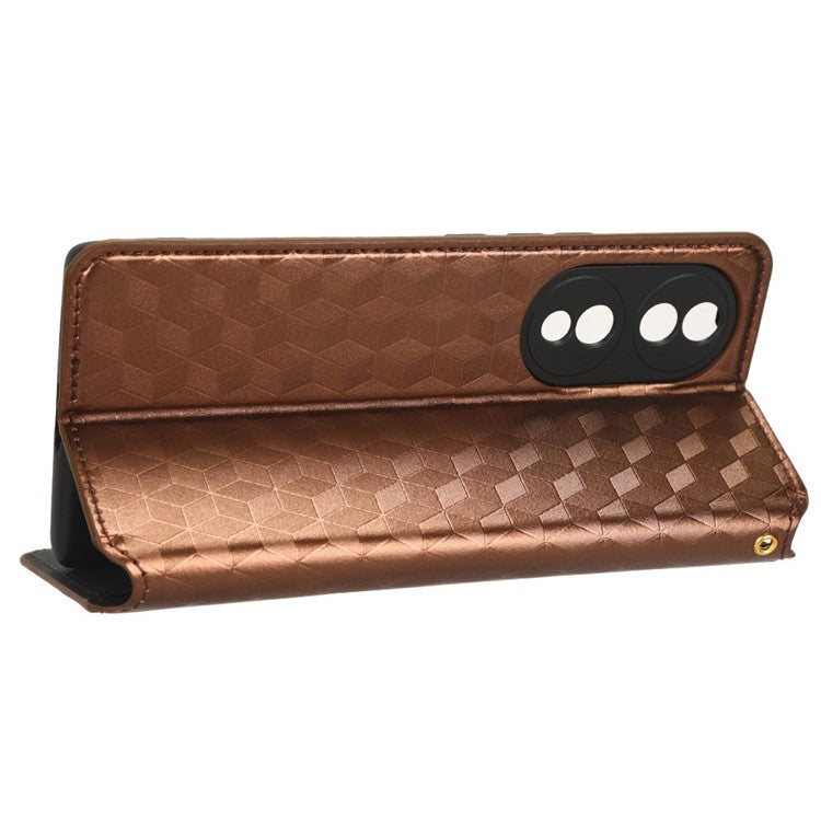 For Honor 70 5G Magnetic Auto-absorbed PU Leather Case Rhombus Pattern Imprinted Phone Cover with Wallet Stand - Brown