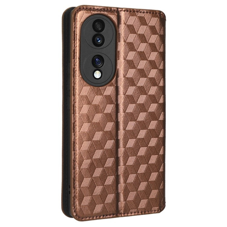 For Honor 70 5G Magnetic Auto-absorbed PU Leather Case Rhombus Pattern Imprinted Phone Cover with Wallet Stand - Brown