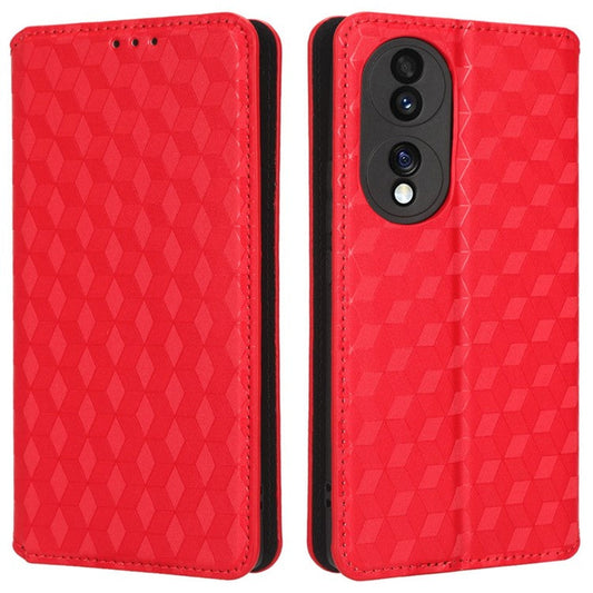 For Honor 70 5G Magnetic Auto-absorbed PU Leather Case Rhombus Pattern Imprinted Phone Cover with Wallet Stand - Red