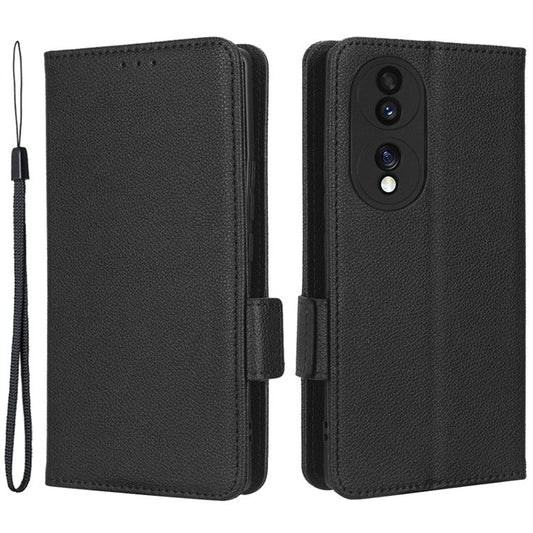 Litchi Texture Phone Stand Cover for Honor 70 5G, PU Leather Dual Magnetic Clasp Full Protection Wallet Case - Black