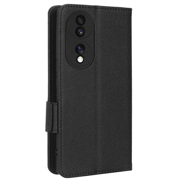 Litchi Texture Phone Stand Cover for Honor 70 5G, PU Leather Dual Magnetic Clasp Full Protection Wallet Case - Black
