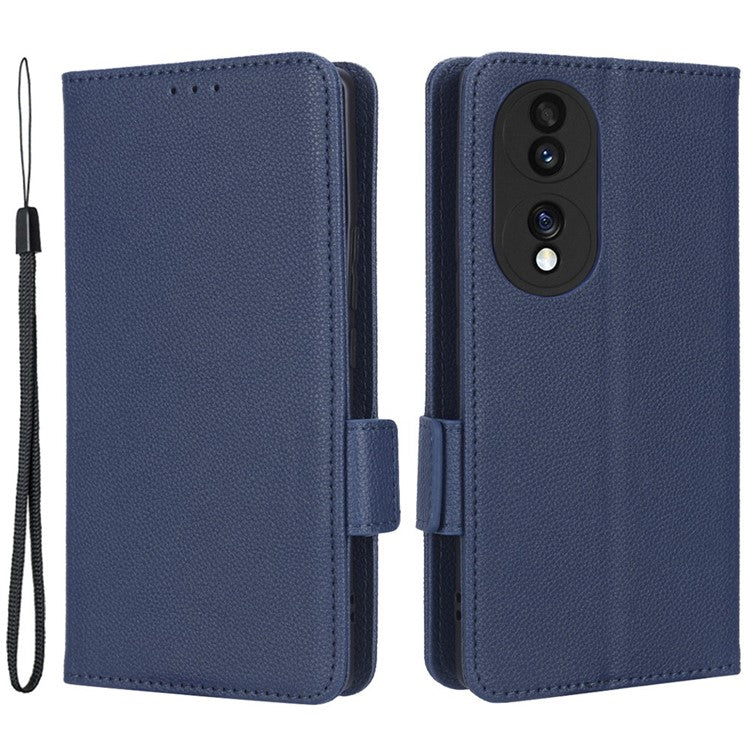 Litchi Texture Phone Stand Cover for Honor 70 5G, PU Leather Dual Magnetic Clasp Full Protection Wallet Case - Dark Blue