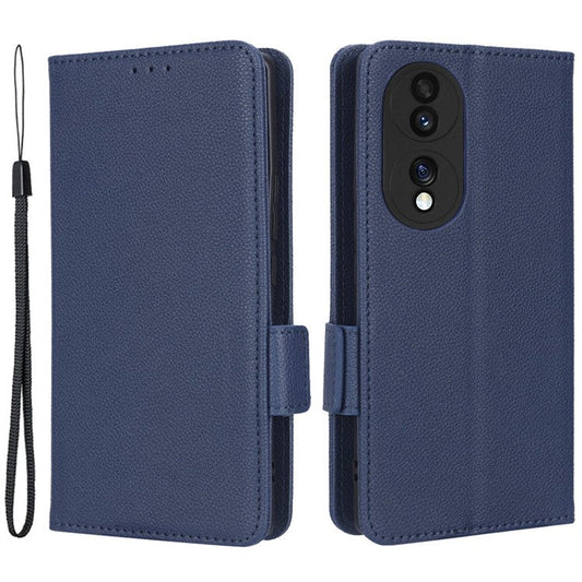 Litchi Texture Phone Stand Cover for Honor 70 5G, PU Leather Dual Magnetic Clasp Full Protection Wallet Case - Dark Blue