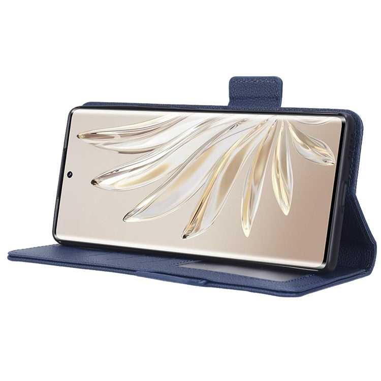 Litchi Texture Phone Stand Cover for Honor 70 5G, PU Leather Dual Magnetic Clasp Full Protection Wallet Case - Dark Blue