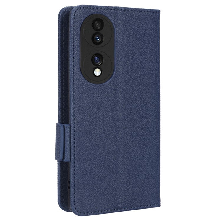 Litchi Texture Phone Stand Cover for Honor 70 5G, PU Leather Dual Magnetic Clasp Full Protection Wallet Case - Dark Blue