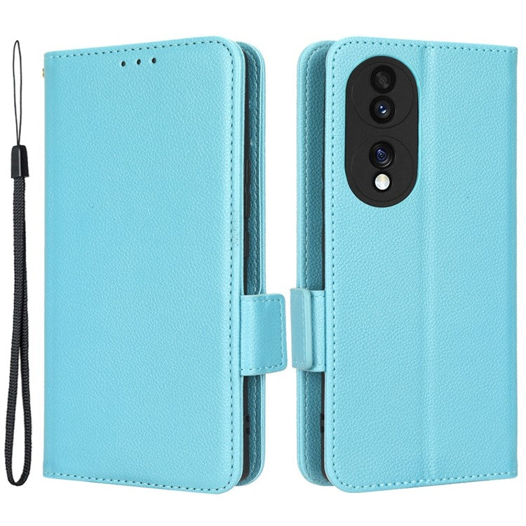 Litchi Texture Phone Stand Cover for Honor 70 5G, PU Leather Dual Magnetic Clasp Full Protection Wallet Case - Baby Blue