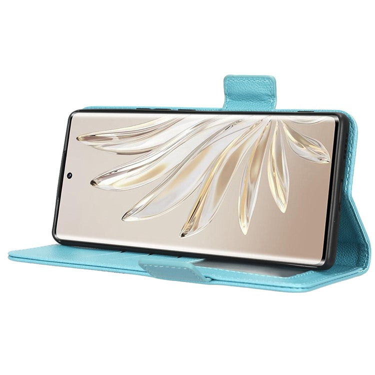 Litchi Texture Phone Stand Cover for Honor 70 5G, PU Leather Dual Magnetic Clasp Full Protection Wallet Case - Baby Blue
