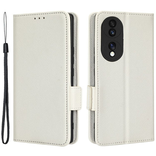 Litchi Texture Phone Stand Cover for Honor 70 5G, PU Leather Dual Magnetic Clasp Full Protection Wallet Case - White