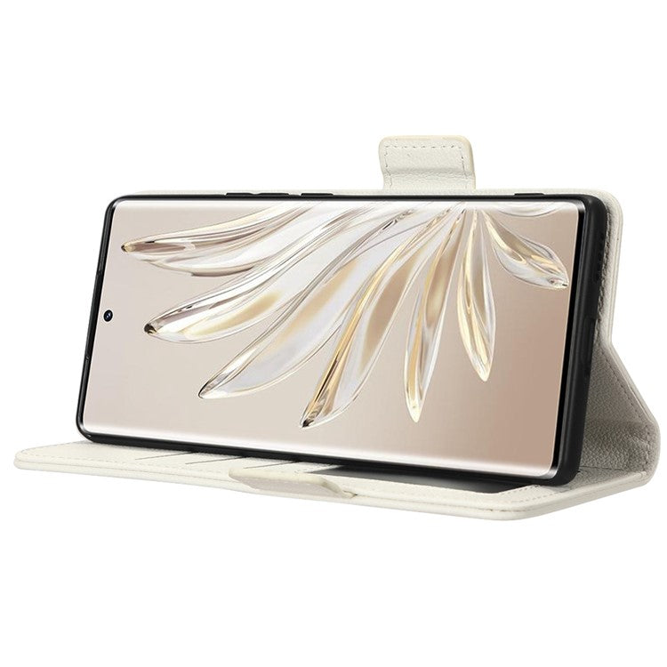 Litchi Texture Phone Stand Cover for Honor 70 5G, PU Leather Dual Magnetic Clasp Full Protection Wallet Case - White