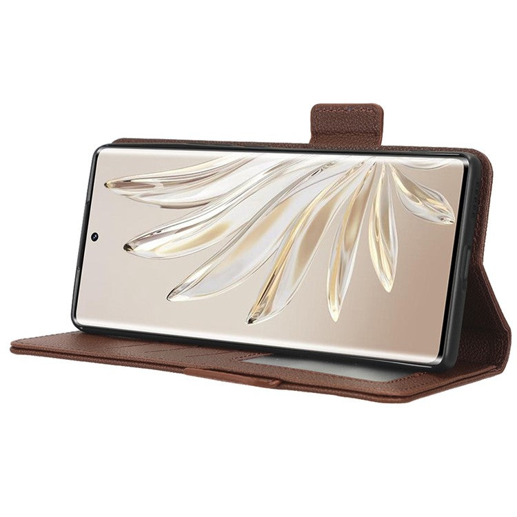 Litchi Texture Phone Stand Cover for Honor 70 5G, PU Leather Dual Magnetic Clasp Full Protection Wallet Case - Brown