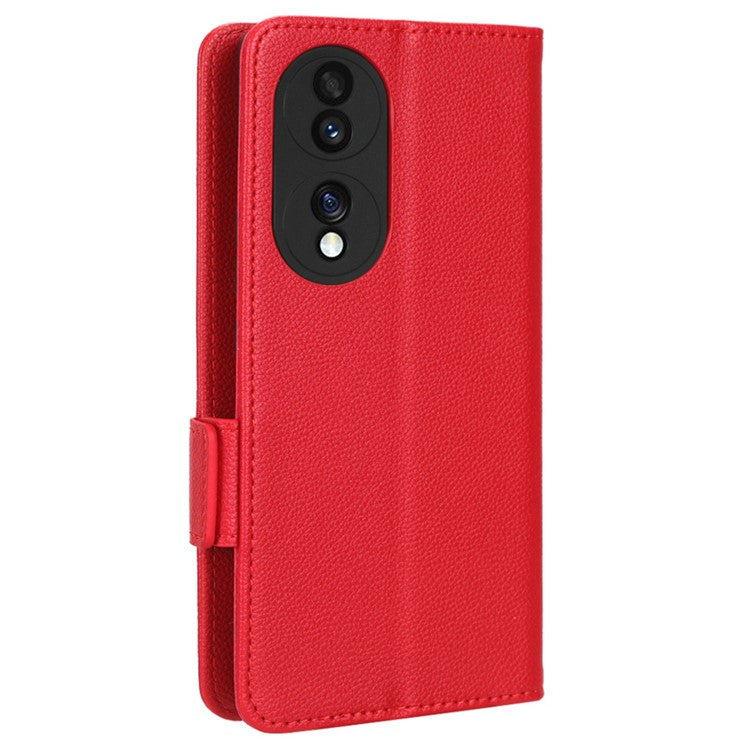 Litchi Texture Phone Stand Cover for Honor 70 5G, PU Leather Dual Magnetic Clasp Full Protection Wallet Case - Red