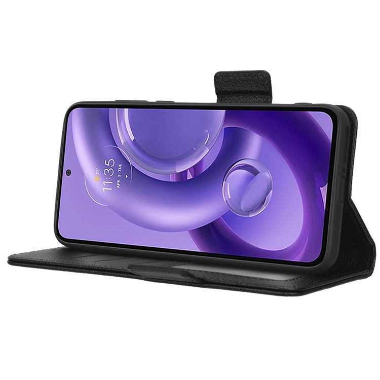 For Motorola Edge 30 Neo 5G PU Leather Litchi Texture Phone Cover Dual Magnetic Clasp Shockproof Case with Stand Wallet - Black