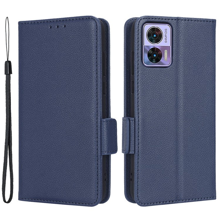 For Motorola Edge 30 Neo 5G PU Leather Litchi Texture Phone Cover Dual Magnetic Clasp Shockproof Case with Stand Wallet - Dark Blue