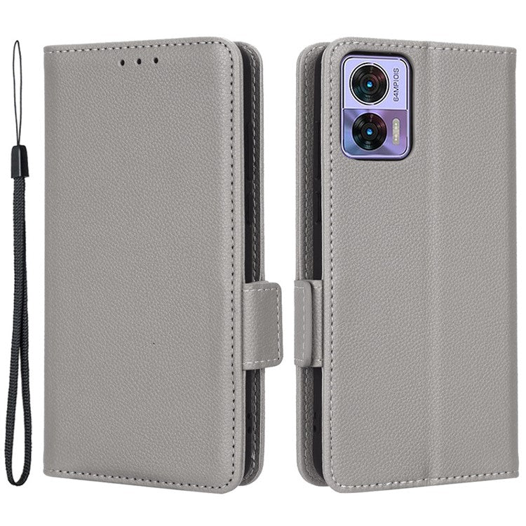For Motorola Edge 30 Neo 5G PU Leather Litchi Texture Phone Cover Dual Magnetic Clasp Shockproof Case with Stand Wallet - Grey
