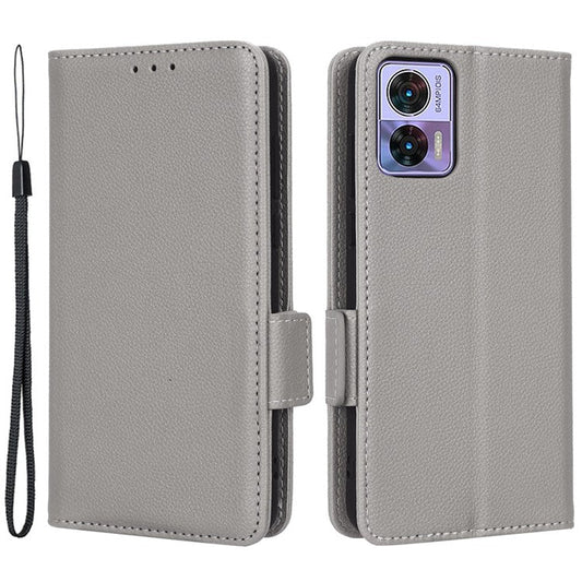 For Motorola Edge 30 Neo 5G PU Leather Litchi Texture Phone Cover Dual Magnetic Clasp Shockproof Case with Stand Wallet - Grey