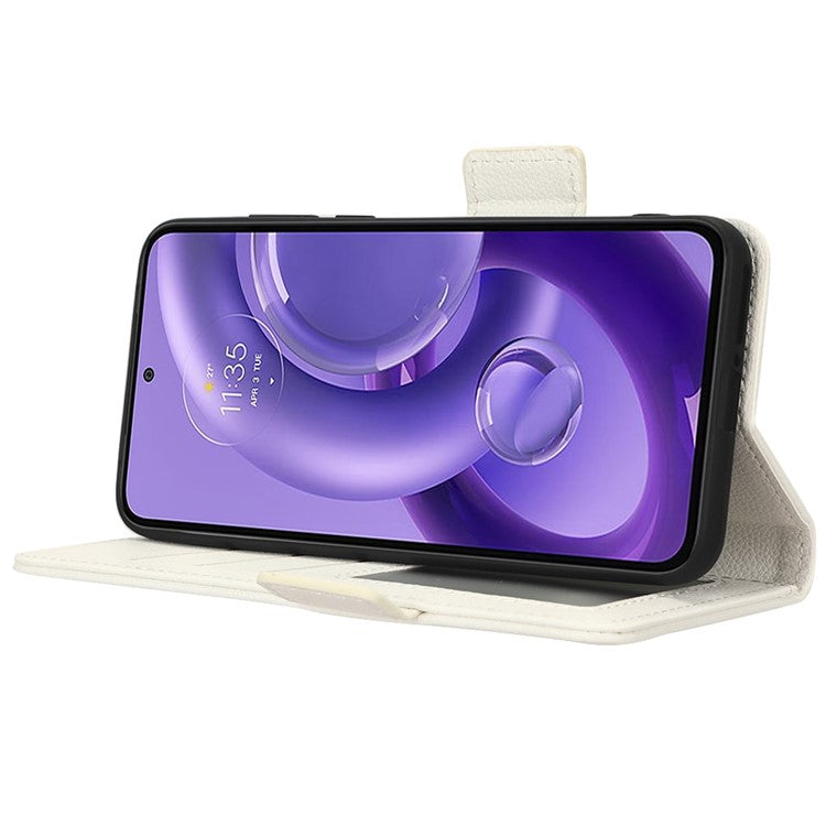 For Motorola Edge 30 Neo 5G PU Leather Litchi Texture Phone Cover Dual Magnetic Clasp Shockproof Case with Stand Wallet - White