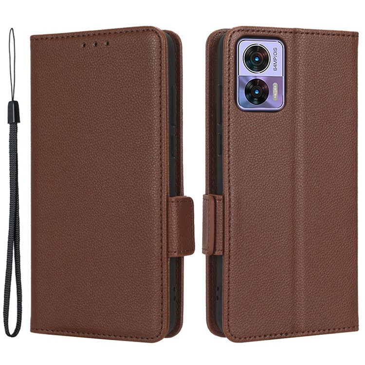 For Motorola Edge 30 Neo 5G PU Leather Litchi Texture Phone Cover Dual Magnetic Clasp Shockproof Case with Stand Wallet - Brown