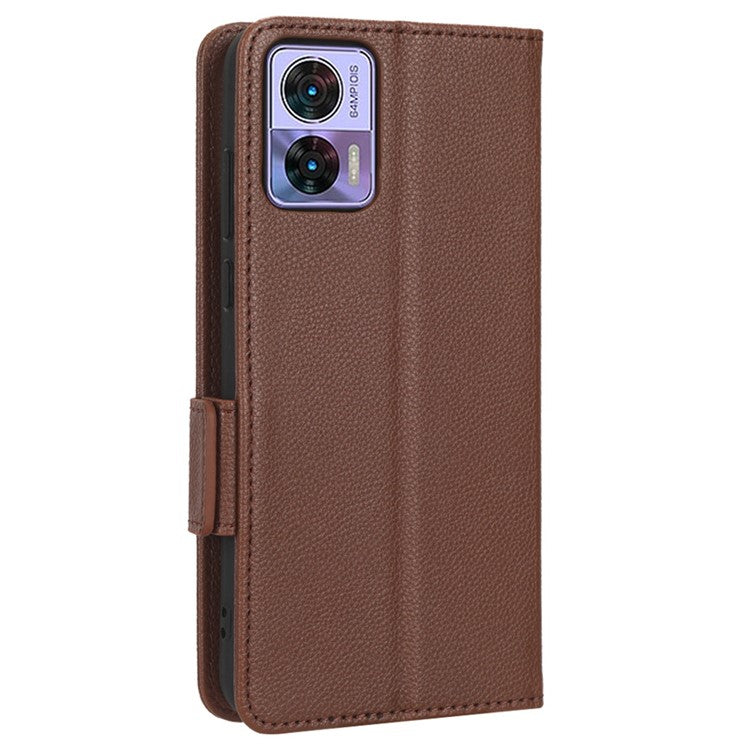 For Motorola Edge 30 Neo 5G PU Leather Litchi Texture Phone Cover Dual Magnetic Clasp Shockproof Case with Stand Wallet - Brown