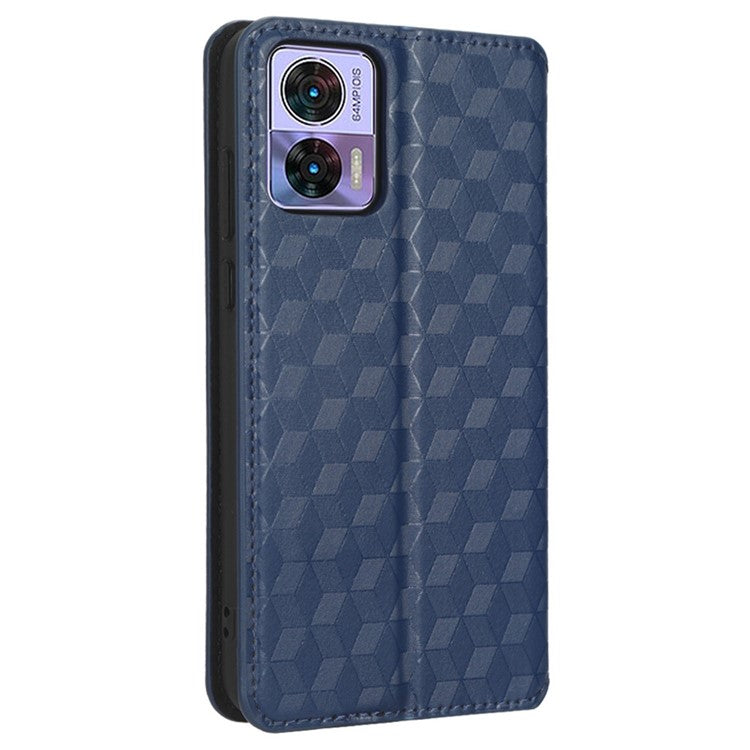 For Motorola Edge 30 Neo 5G Imprinted Rhombus Pattern PU Leather Phone Case Magnetic Auto Closing Cover with Wallet Stand - Blue