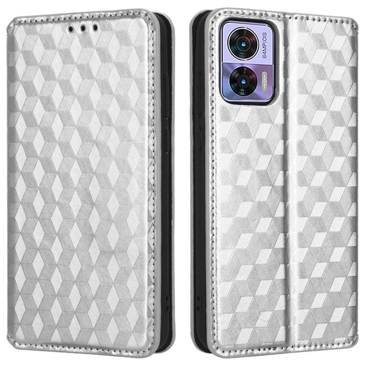 For Motorola Edge 30 Neo 5G Imprinted Rhombus Pattern PU Leather Phone Case Magnetic Auto Closing Cover with Wallet Stand - Silver