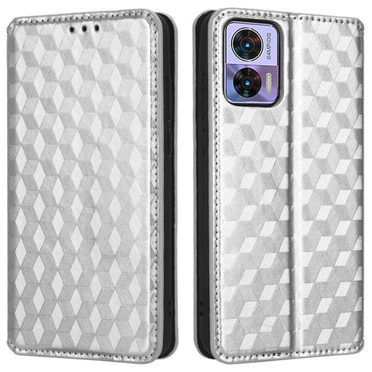 For Motorola Edge 30 Neo 5G Imprinted Rhombus Pattern PU Leather Phone Case Magnetic Auto Closing Cover with Wallet Stand - Silver