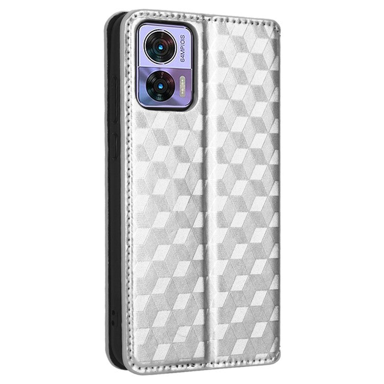 For Motorola Edge 30 Neo 5G Imprinted Rhombus Pattern PU Leather Phone Case Magnetic Auto Closing Cover with Wallet Stand - Silver