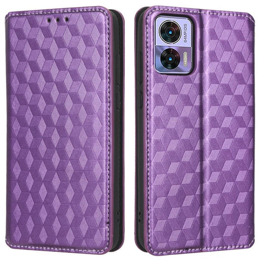 For Motorola Edge 30 Neo 5G Imprinted Rhombus Pattern PU Leather Phone Case Magnetic Auto Closing Cover with Wallet Stand - Purple