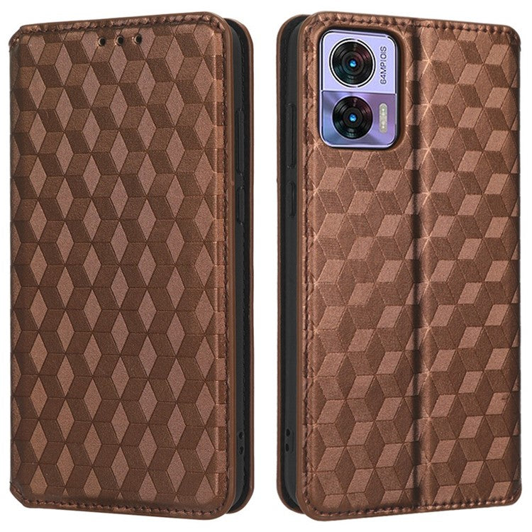 For Motorola Edge 30 Neo 5G Imprinted Rhombus Pattern PU Leather Phone Case Magnetic Auto Closing Cover with Wallet Stand - Brown