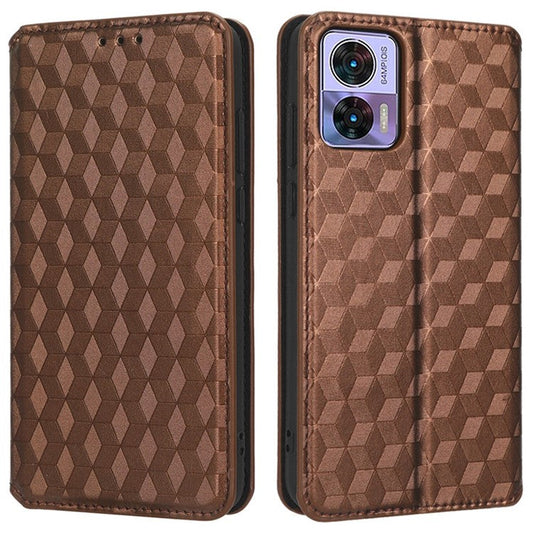 For Motorola Edge 30 Neo 5G Imprinted Rhombus Pattern PU Leather Phone Case Magnetic Auto Closing Cover with Wallet Stand - Brown