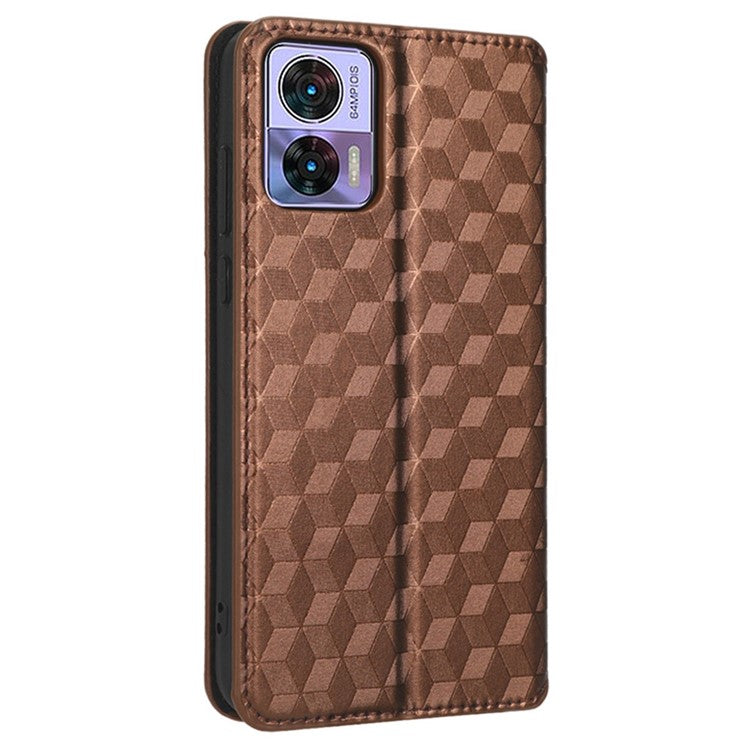 For Motorola Edge 30 Neo 5G Imprinted Rhombus Pattern PU Leather Phone Case Magnetic Auto Closing Cover with Wallet Stand - Brown