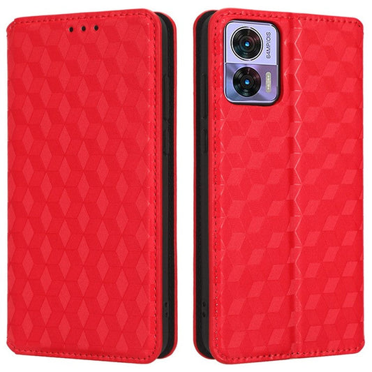 For Motorola Edge 30 Neo 5G Imprinted Rhombus Pattern PU Leather Phone Case Magnetic Auto Closing Cover with Wallet Stand - Red