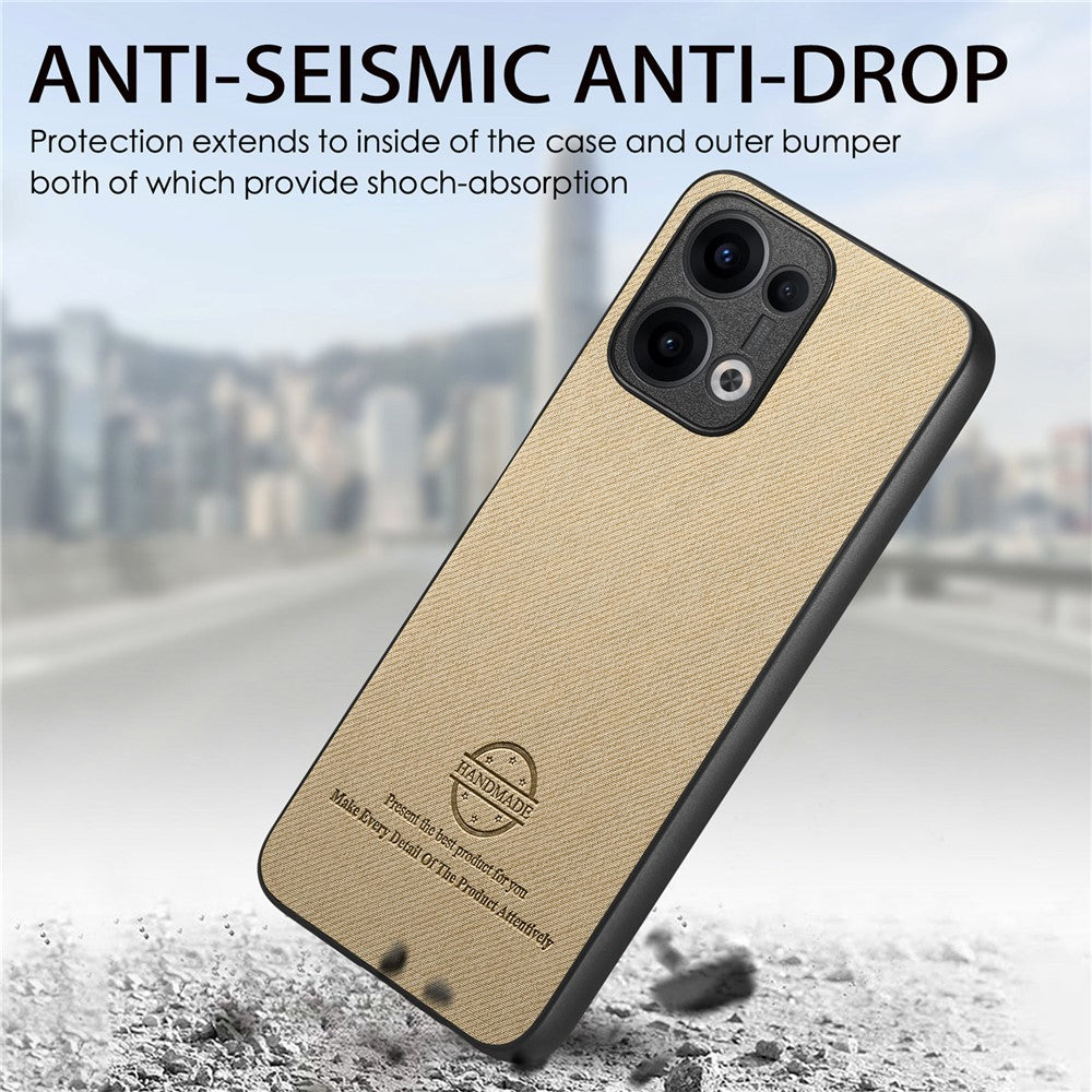 For Oppo Reno13 5G (Global) Leather Phone  Back Cover with Cloth Texture - Khaki