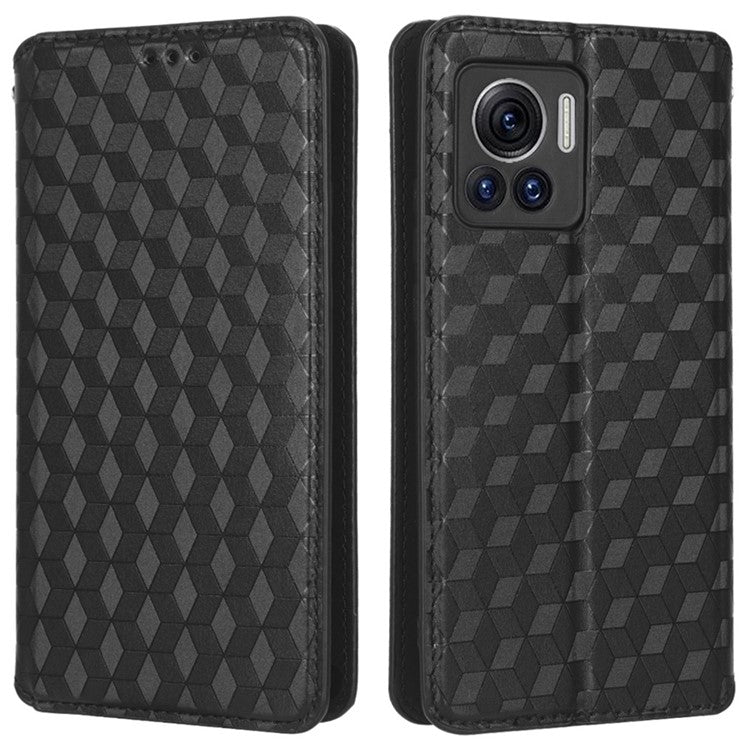For Motorola Edge 30 Ultra 5G / Edge X / Moto X30 Pro 5G Rhombus Pattern Imprinted Leather Wallet Stand Cover Magnetic Closure Phone Case - Black